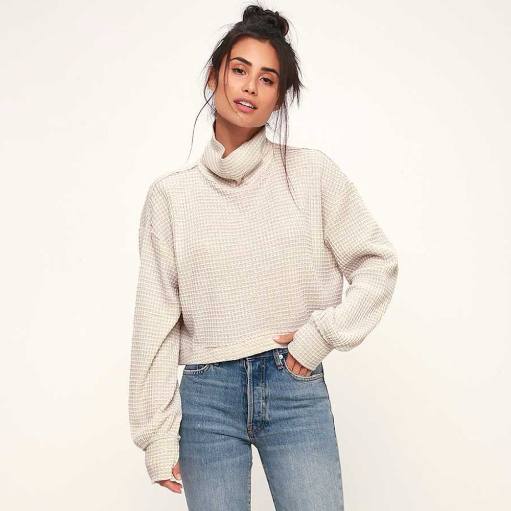 Free People BK White and Beige Turtleneck Long Sleeve Top